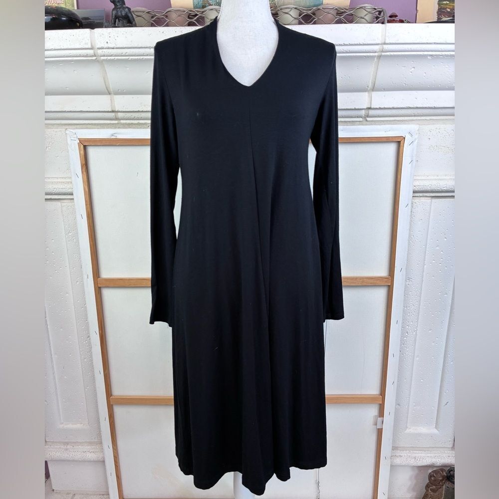 Eileen Fisher Elegant Body Con Black Long Sleeve V neck Dress NWOT